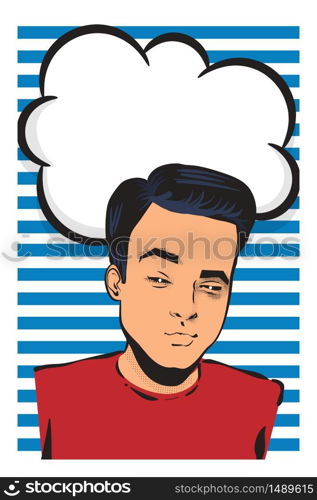 Pretty pop art man dream about summer. Wow face design. Stripped vintage vector background. Speech bubble box for comic text. Pretty summer pop art man want ice cream