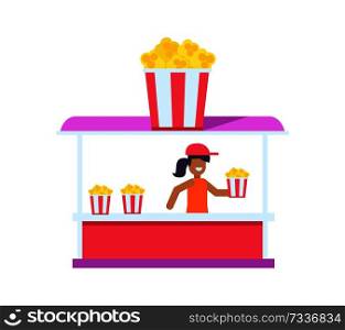 Pretty popcorn shop, color card isolated on bright backdrop, cheerful saleswoman holding popcorn packet with red and white stripes, colorful shop. Pretty Popcorn Shop, Color Card Isolated on White