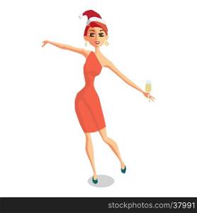 Pretty red-haired woman in red Christmas Santa costume dancing with a glass of champagne. Cartoon style vector illustration isolated on white background