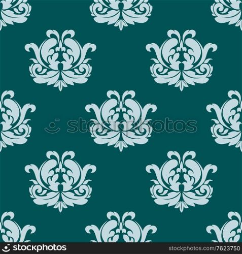 Pretty seamless damask style pattern in blue with repeat floral arabesque motifs in square format suitable for textile and wallpaper