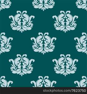 Pretty seamless damask style pattern in blue with repeat floral arabesque motifs in square format suitable for textile and wallpaper