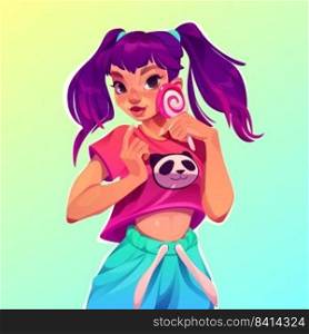 Pretty sexy girl, asian fashion model. Beautiful young woman in sport chic style clothes with lollipop. Stylish portrait of girl character with two ponytails, vector cartoon illustration. Pretty sexy girl, asian fashion model