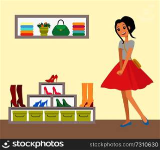 Pretty smiling girl in red skirt, clothes shop with boots and shoes on heels, shelf with colorful shirts, green handbag and flower vector illustration. Pretty Smiling Girl in Red Skirt, Clothes Shop