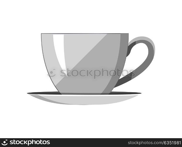 Pretty template of tea-cup vector illustration of basin with one rounded handle and small plate under it, many shadows, isolated on white background. Pretty Template of Tea-Cup Vector Illustration