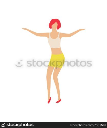 Pretty woman dancer in white shirt and yellow short skirt dancing isolated character. Vector girl entertain at nightclub, clubber on disco party. Vector illustration in flat cartoon style. Pretty Woman Dancer in White Shirt and Short Skirt