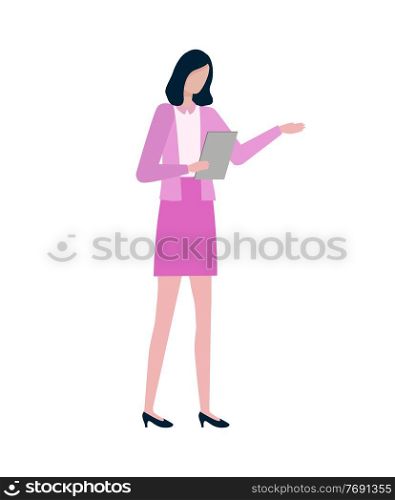 Pretty woman in pink dress with folder in hands isolated cartoon person. Vector brunette business lady on flat style design, professional boss worker. Pretty Woman in Pink Dress Folder in Hand Isolated