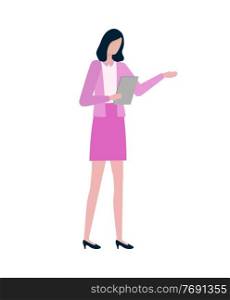 Pretty woman in pink dress with folder in hands isolated cartoon person. Vector brunette business lady on flat style design, professional boss worker. Pretty Woman in Pink Dress Folder in Hand Isolated