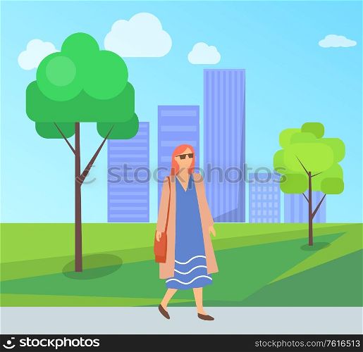 Pretty woman on walk in city park, female in sunglasses, long blue dress having fun outdoors. Vector fashionable lady in summer or spring cloth walking on nature. Pretty Woman on Walk in Park, Female in Sunglasses