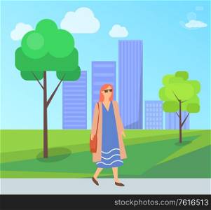 Pretty woman on walk in city park, female in sunglasses, long blue dress having fun outdoors. Vector fashionable lady in summer or spring cloth walking on nature. Pretty Woman on Walk in Park, Female in Sunglasses