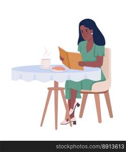 Pretty woman reading book and drinking coffee alone semi flat color vector character. Editable figure. Full body person on white. Simple cartoon style illustration for web graphic design and animation. Pretty woman reading book and drinking coffee alone semi flat color vector character