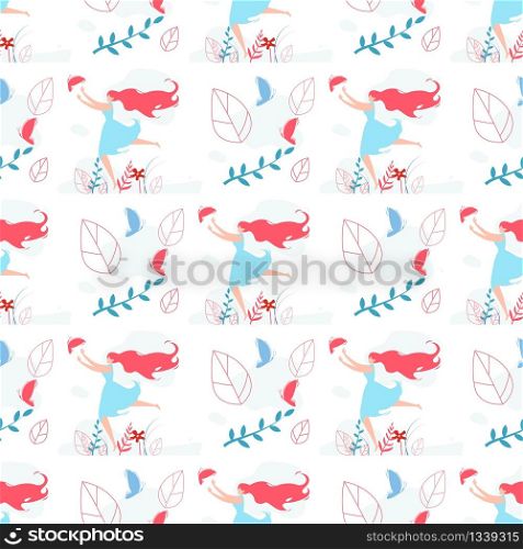 Pretty Woman Running after Butterfly. Seamless Pattern in Natural Organic Style. Trees Foliage and Plants Leaves Vector Illustration. Fashion Ornament. Freedom and Happiness. Abstract Texture. Woman Running after Butterfly Seamless Pattern