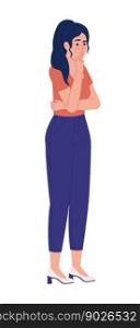 Pretty woman standing in thinking pose semi flat color vector character. Editable figure. Full body person on white. Simple cartoon style spot illustration for web graphic design and animation. Pretty woman standing in thinking pose semi flat color vector character