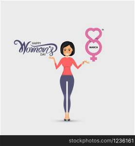 Pretty Woman with Pink Happy International Women&rsquo;s Day Design Elements.International Women&rsquo;s day symbol.Vector illustration.Design for international women&rsquo;s day