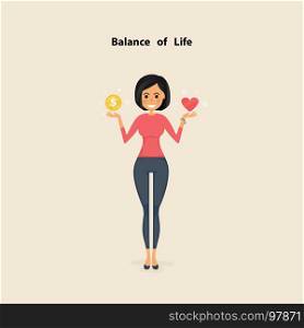 Pretty woman,Young woman with the golden coins and red heart icon on her hand.Concept of work and life balance.Vector flat design illustration