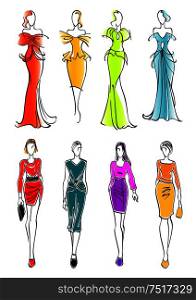 Pretty young female fashion models colorful sketch silhouettes presenting business casual attires and gorgeous evening and cocktail dresses with accessories. Great for fashion and shopping design usage. Women presenting dresses for work and leisure