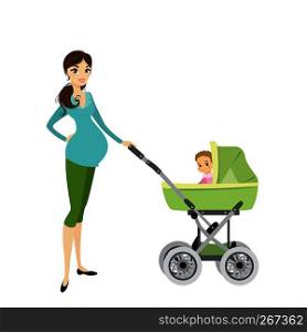 Pretty young pregnant woman with a pram and baby,isolated on white background,cartoon vector illustration. Pretty young pregnant woman with a pram and baby