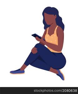 Pretty young woman looking at cellphone semi flat color vector character. Full body person on white. Teenager years isolated modern cartoon style illustration for graphic design and animation. Pretty young woman looking at cellphone semi flat color vector character