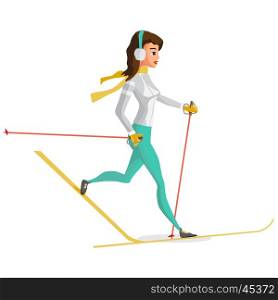 Pretty young woman on cross country skiing on isolated background. Flat cartoon vector illustration