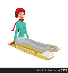 Pretty young woman riding a snow sled on isolated background. Flat cartoon vector illustration