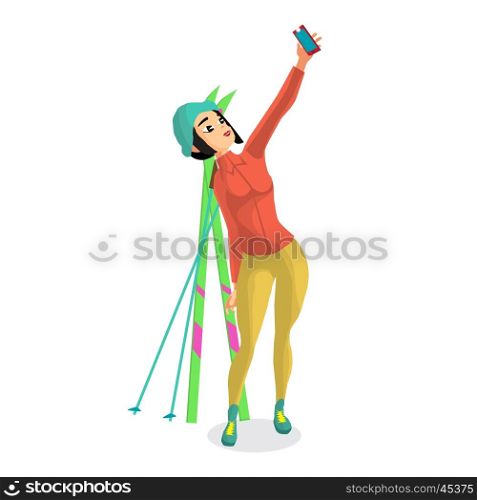 Pretty young woman standing with skis and makes selfie on isolated background. Flat cartoon vector illustration