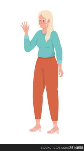 Pretty young woman waving hand semi flat color vector character. Standing figure. Full body person on white. Friendly greeting simple cartoon style illustration for web graphic design and animation. Pretty young woman waving hand semi flat color vector character