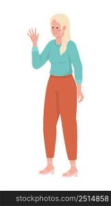 Pretty young woman waving hand semi flat color vector character. Standing figure. Full body person on white. Friendly greeting simple cartoon style illustration for web graphic design and animation. Pretty young woman waving hand semi flat color vector character