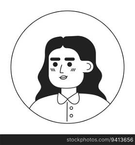 Pretty young woman with curly hair monochrome flat linear character head. White collar shirt. Editable outline hand drawn human face icon. 2D cartoon spot vector avatar illustration for animation. Pretty young woman with curly hair monochrome flat linear character head