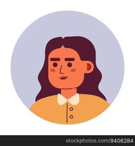 Pretty young woman with curly hair semi flat vector character head. White collar shirt. Editable cartoon avatar icon. Face emotion. Colorful spot illustration for web graphic design, animation. Pretty young woman with curly hair semi flat vector character head