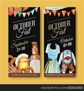 Pretzel, beer and trachten outfit flyer for Oktoberfest design watercolor illustration.