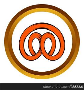 Pretzel vector icon in golden circle, cartoon style isolated on white background. Pretzel vector icon, cartoon style