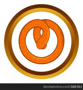 Pretzel vector icon in golden circle, cartoon style isolated on white background. Pretzel vector icon