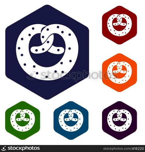 Pretzels icons set rhombus in different colors isolated on white background. Pretzels icons set