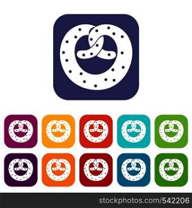 Pretzels icons set vector illustration in flat style in colors red, blue, green, and other. Pretzels icons set