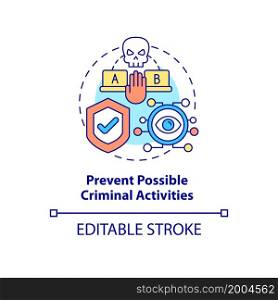 Prevent possible criminal activities concept icon. Safety in office. Employee monitoring abstract idea thin line illustration. Vector isolated outline color drawing. Editable stroke. Prevent possible criminal activities concept icon