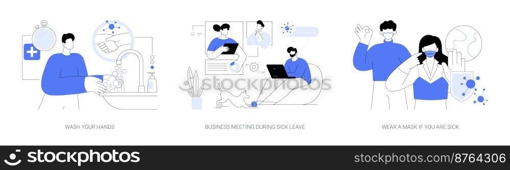Prevent virus spread abstract concept vector illustration set. Wash hands, business meeting during sick leave, recommended to wear mask, virus exposure risk, personal protection abstract metaphor.. Prevent virus spread abstract concept vector illustrations.