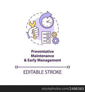 Preventative maintenance, early management concept icon. Total productive maintenance abstract idea thin line illustration. Isolated outline drawing. Editable stroke. Arial, Myriad Pro-Bold fonts used. Preventative maintenance, early management concept icon