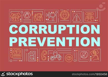 Preventing corruption word concepts banner. Bribery control measures. Infographics with linear icons on red background. Isolated creative typography. Vector outline color illustration with text. Preventing corruption word concepts banner
