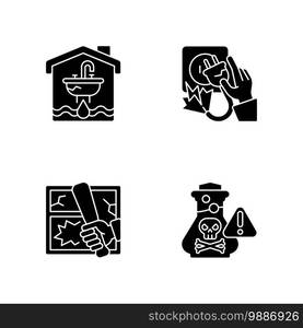 Preventing house hazards black glyph icons set on white space. Water damage. Electric shock. Vandalism. Chemical poisoning. Flooding and water leak. Silhouette symbols. Vector isolated illustration. Preventing house hazards black glyph icons set on white space