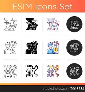 Preventing house hazards icons set. Hurricane. Home burglary and robbery. Dangerous animals. Destroying houses. Exotic pets. Linear, black and RGB color styles. Isolated vector illustrations. Preventing house hazards icons set
