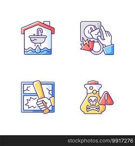 Preventing house hazards RGB color icons set. Water damage. Electric shock. Vandalism. Chemical poisoning. Flooding and water leak. Faulty wiring. Property crime. Isolated vector illustrations. Preventing house hazards RGB color icons set