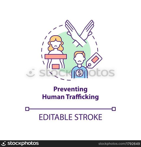 Preventing human trafficking concept icon. Sex trafficking abstract idea thin line illustration. Take measures to prevent kidnapping. Vector isolated outline color drawing. Editable stroke. Preventing human trafficking concept icon