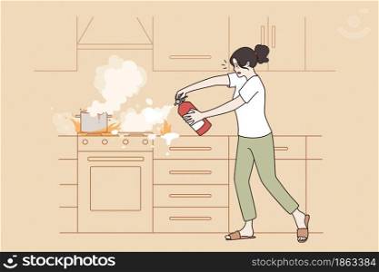 Preventing kitchen fire and flame concept. Young frustrated woman standing with fire extinguisher in hands extinguisher using putting to fire on plate vector illustration . Preventing kitchen fire and flame concept