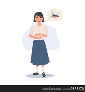 Preventing Zika Virus Spread concept. Thai student girl with Mosquito Bites Scratching Itchy Skin in Summertime. 
