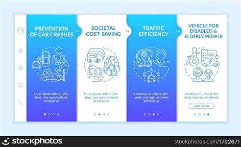 Prevention car crashes onboarding vector template. Responsive mobile website with icons. Web page walkthrough 4 step screens. Autonomous electric green vehicle color concept with linear illustrations. Prevention car crashes onboarding vector template.
