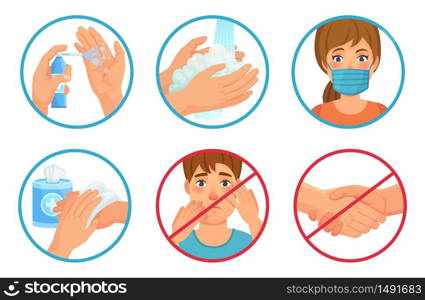 Prevention of coronavirus infection. Use face mask, sanitizer and wash your hands. Dont touch face and no handshakes, prevent SARS-CoV-2 vector illustration set. Wash hand, regulation no touch face. Prevention of coronavirus infection. Use face mask, sanitizer and wash your hands. Dont touch face and no handshakes, prevent SARS-CoV-2 vector illustration set