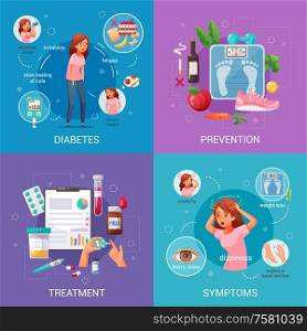 Prevention symptoms and treatment of diabetes cartoon 2x2 design concept on colorful background isolated vector illustration