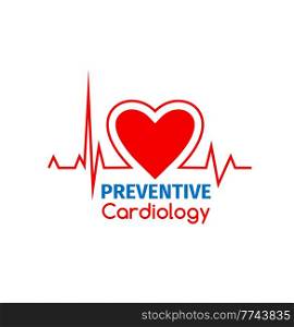 Preventive cardiology icon with vector heart and ecg line of heartbeat pulse, medicine and health care. Cardiogram heart rate or electrocardiogram cardio rhythm, hospital or medical center. Preventive cardiology icon with heart and ecg line