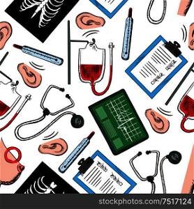 Preventive medicine and diagnostics seamless pattern with medical check up forms, stethoscopes, thermometers, ecg monitors, blood bags, chest x-rays, hearing and breast cancer testing on white background. Use as healthcare theme design. Seamless preventive medicine background pattern