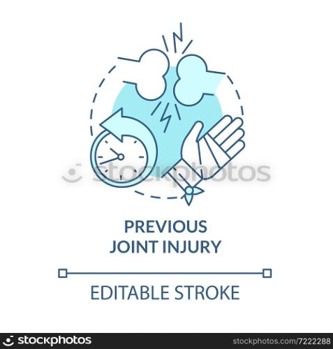 Previous joint injury blue concept icon. Arthritis risk factor abstract idea thin line illustration. Bones trauma can lead to disease. Vector isolated outline color drawing. Editable stroke. Previous joint injury blue concept icon
