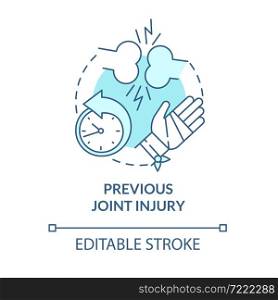 Previous joint injury blue concept icon. Arthritis risk factor abstract idea thin line illustration. Bones trauma can lead to disease. Vector isolated outline color drawing. Editable stroke. Previous joint injury blue concept icon